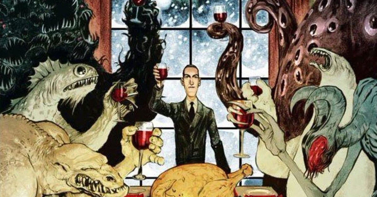 Illustration of H.P. Lovecraft delivering a holiday toast with various creatures from his stories. (Image by Neil Evans.)