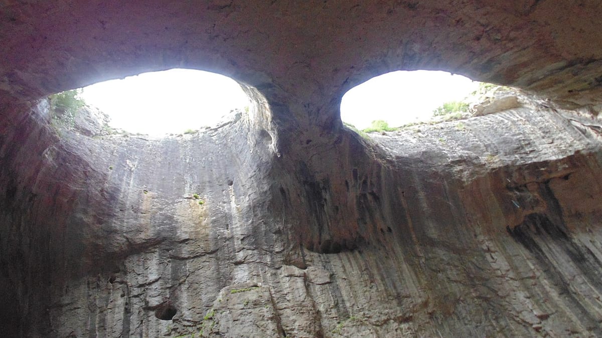 The "Eyes of God" formation in the Prohodna cave, where eye-shaped openings in the cave roof admit sunlight.