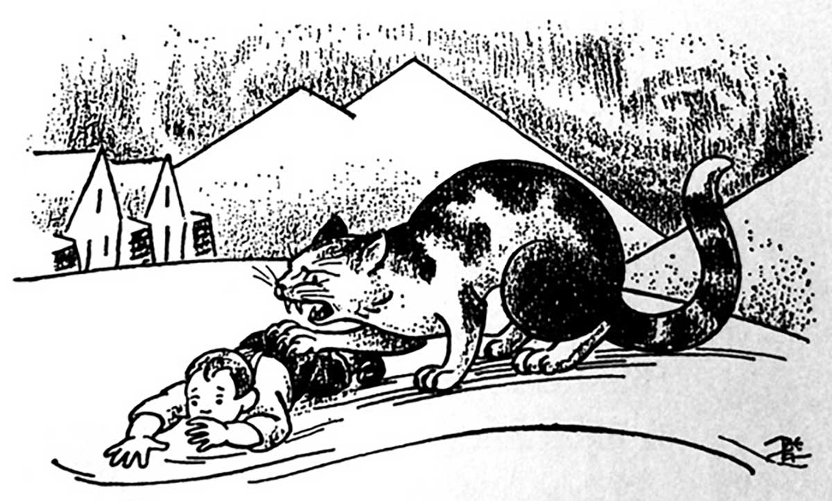 Cartoon image of a cat grabbing a child with its right-side claws.