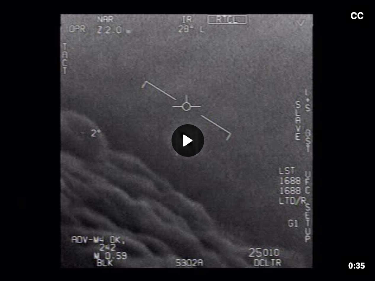 Monochrome video still of a UFO/UAP captured a US Navy pilot.